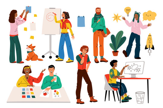 Team work people. Bright creative guys and girls. Young colleagues. Office teamwork. Professionals characters cooperation. Free professions. Coworking employees group. Garish vector set