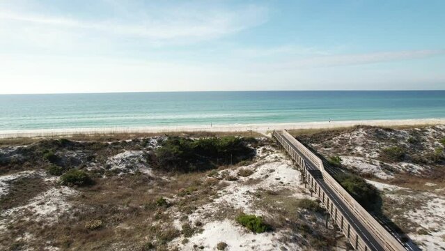 Flying Over Coastal Dune Walkover Access At The Inlet Beach In Walton County, Florida, USA. aerial