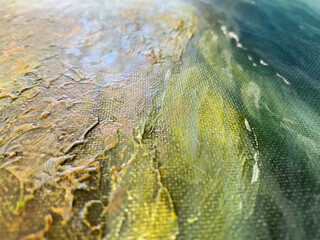 Blue, Green and grey Abstract Art Painting background. Hand drawn oil painting on canvas. Color texture. Fragment of artwork. Brushstrokes and spots of paint. Water, ocean.