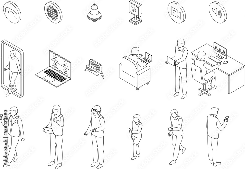 Poster video call icons set. isometric set of video call vector icons for web design isolated on white back