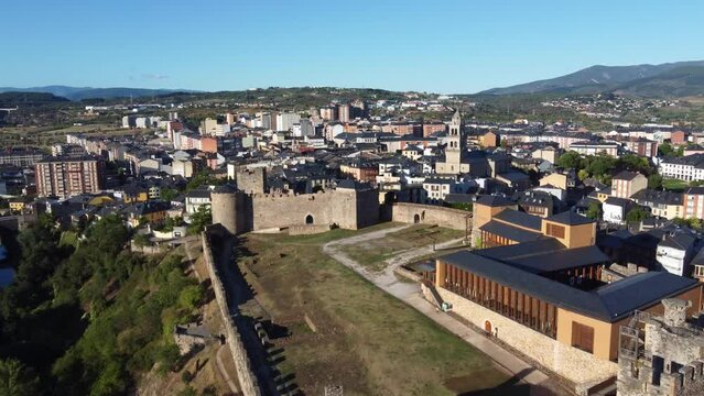 Ponferrada, Spain and the Templar Castle, church and surrounding community and distinctive landscape - aerial flyover