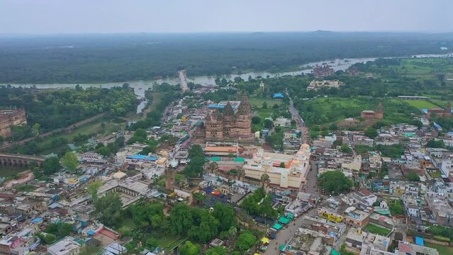 Aerial View Of Chaturbhuj Temple And Shri Ram Raja Mandir At Orchha In Madhya Pradesh, India. aerial