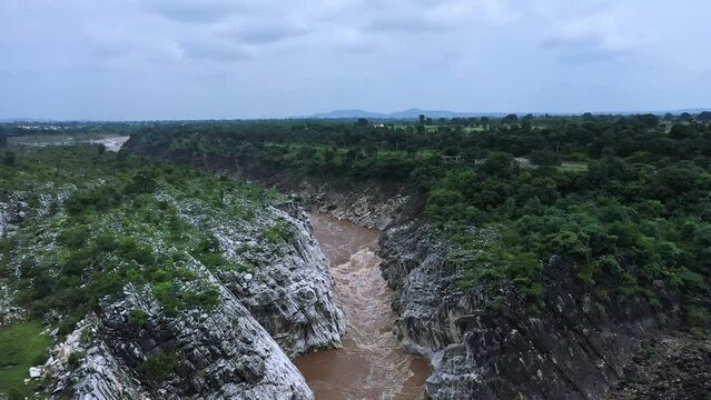 Aerial Drone View Of Rushing Stream River Along The Marble Rocks At Bhedaghat In Jabalpur District, India. 