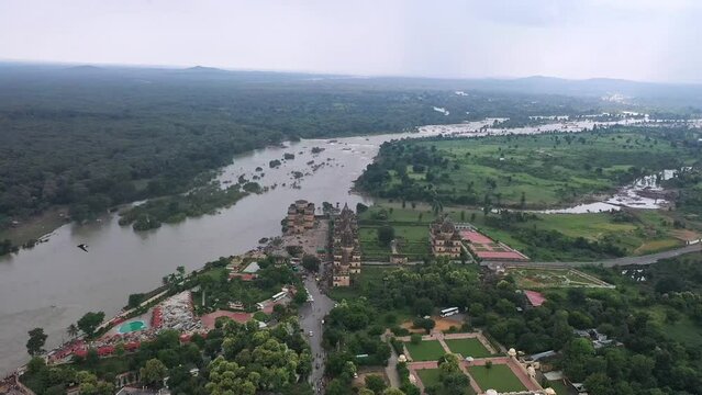 The Royal Chhatris And Orchha Chatries Along The Kanchana Ghat Of The River Betwa In Orchha, Madhya Pradesh, India. Aerial Wide Shot