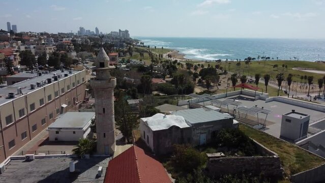 Aerial video of the small church in the city of Jaffa 