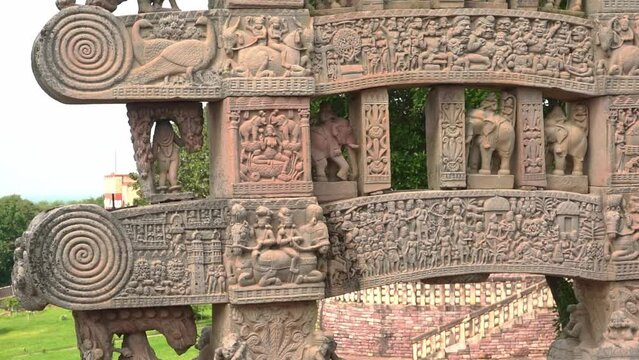 Carved Stones On The East Gateway Of Stupa At Sanchi Near Bhopal In Madhya Pradesh, India. Close Up