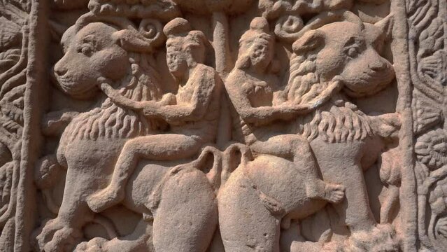 Sanchi Stupa Carvings Near Bhopal In The State of Madhya Pradesh, India. Tracking Shot