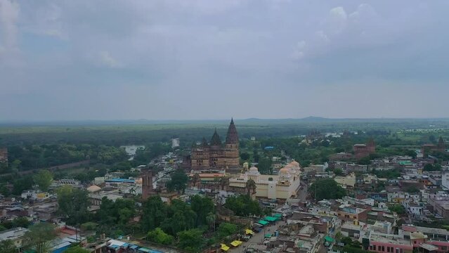 Orchha Hindu Temples And Cityscape View In Madhya Pradesh, India. Aerial Drone Shot