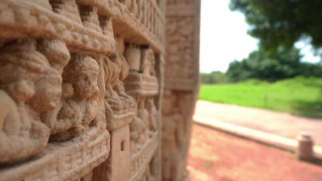The Great Stupa Pillar Carvings At Sanchi Near Bhopal In Madhya Pradesh, India. Rack Focus Shot