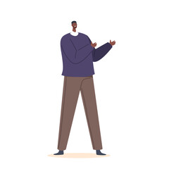 Black Male Character In Casual Suit, African Business Man Or Politician Speaking And Gesturing Isolated On White