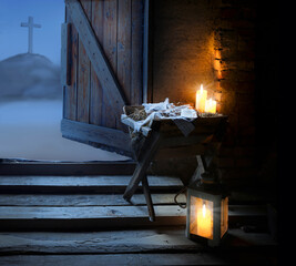 Manger with straw. Christmas background