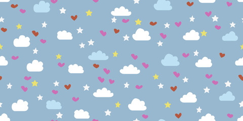 Stars and hearts in the clouds, seamless pattern. Wallpaper vector with clouds, cute and casual. Print and seamless pattern. Seamless pattern with clowds.