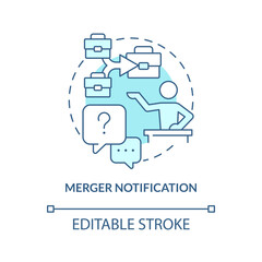 Merger notification turquoise concept icon. Managing through acquisition abstract idea thin line illustration. Isolated outline drawing. Editable stroke. Arial, Myriad Pro-Bold fonts used