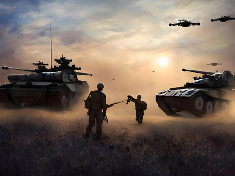 Soldiers on the battlefield with tanks and drones