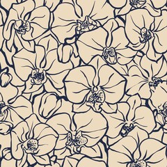 Outline moth orchid flowers seamless pattern, hand drawn dark blue flowers on beige background.