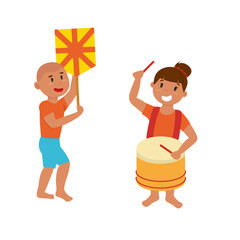 Personagens de carnaval - menino com bandeira e menina com tambor - ilustra&ccedil;&atilde;o vetorial