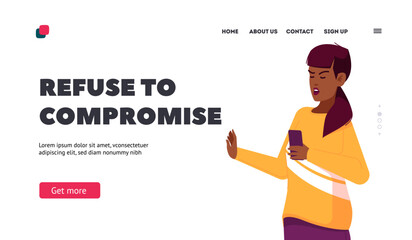 Refuse to Compromise, Denial or Disagree Landing Page Template. African Female Character Showing Refusal Gesture