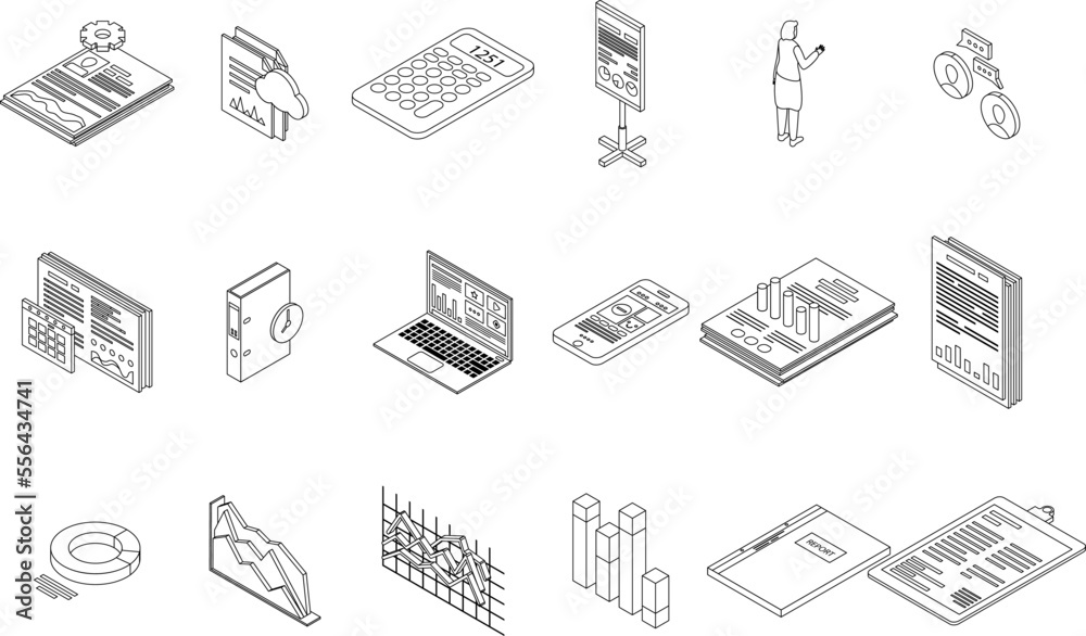 Poster report icons set. isometric set of report vector icons for web design isolated on white background o
