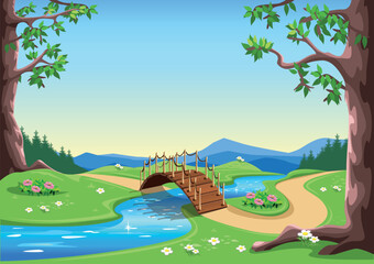 Fairy tale forest with tall trees, a path and a wooden bridge over a blue river. Path through the forest. Fairy tale forest landscape. Dreamland. Vector illustration. - 556434768