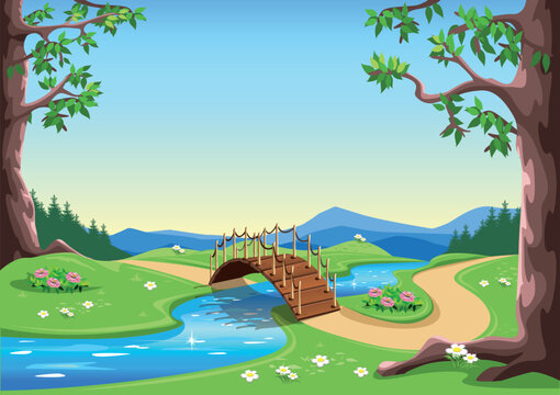 Fairy tale forest with tall trees, a path and a wooden bridge over a blue river. Path through the forest. Fairy tale forest landscape. Dreamland. Vector illustration.