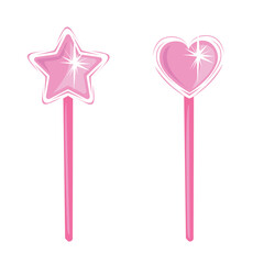 Vector set of pink magic wands for a cute little fairy or princess. Two shiny magic wands in the shape of a star and a heart.