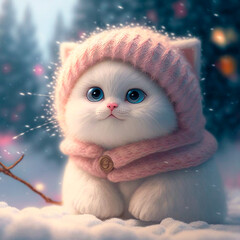 A cat in winter clothes standing outside in winter