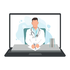 The doctor consults the patient via online video link. The doctor writes a prescription and prescribes treatment online. Healthcare online. Vector illustration isolated on white background.