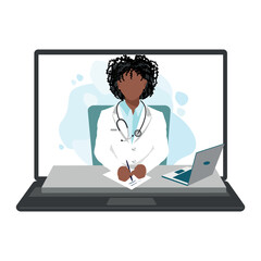 The doctor consults the patient via online video link. The doctor writes a prescription and prescribes treatment online. Healthcare online. Vector illustration isolated on white background.