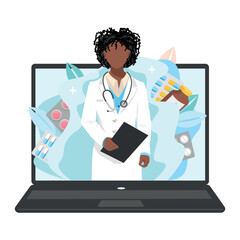 The doctor consults the patient via online video link. The doctor writes a prescription and prescribes treatment online. Healthcare online. Vector illustration isolated on white background.