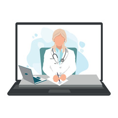 The doctor consults the patient via online video link. The doctor writes a prescription and prescribes treatment online. Healthcare online. Vector illustration isolated on white background.