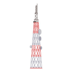 Cell antenna telecommunication tower, radio waves. Vector signal antenna transmitter, television and radio waves broadcasting antenna pole. Flat cartoon telecom transmitter tower