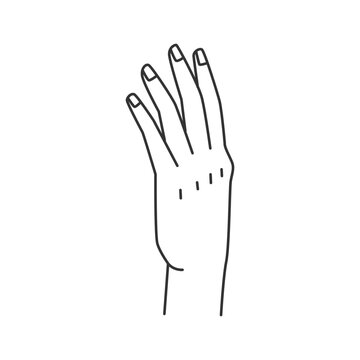 Human open palm with fingers, stop or greeting sign. Vector waving arm during meeting, outline icon in flat style. Isolated hand gesture with fingers up. Non verbal communication sign