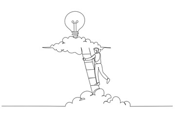 Drawing of businessman open bright lightbulb idea and found money coins. Single continuous line art style