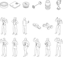 Bodybuilding icons set. Isometric set of bodybuilding vector icons for web design isolated on white background outline