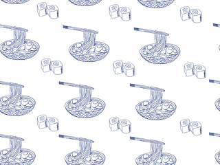 Ramen noodles and sushi illustration design. Seamless pattern artwork sketch. asian ramen bawl with ingredient. Vector