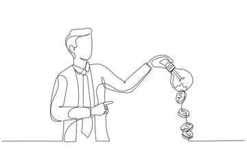 Drawing of businessman climb up bright light bulb idea waring mortarboard graduation cap concept of education help. Continuous line art style
