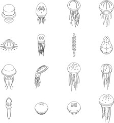 Jellyfish icons set. Isometric set of jellyfish vector icons for web design isolated on white background outline