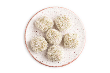 Japanese rice sweet buns mochi filled with pandan jam isolated on white, top view.