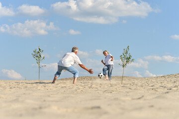 Portrait of a senior couple with ball on blue sky background