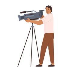 Videographer or cameraman adjusting camera on tripod for shooting video. TV-operator with professional studio equipment. Cameraman flat cartoon character, vector illustration