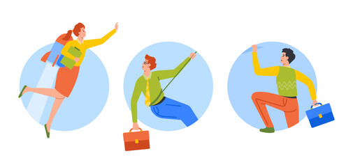 Business Characters Isolated Round Icons Or Avatars. Woman Flying On Jet Pack, Men Climbing By Rope. Advantage, Career