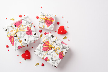 Valentine's Day concept. Top view photo of present boxes heart shaped candles sprinkles and golden confetti on isolated white background