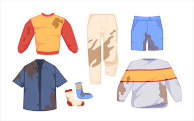 Set Of Dirty Clothes, Jumper, Trousers, Shorts, Shirt or Socks With Spots, Blobs And Stains Isolated On White Background