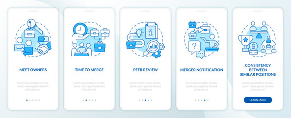 Fototapeta premium Successfully managing merger blue onboarding mobile app screen. Walkthrough 5 steps editable graphic instructions with linear concepts. UI, UX, GUI template. Myriad Pro-Bold, Regular fonts used