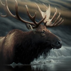Moose walking in the river