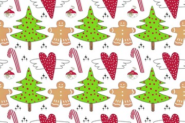 Seamless Christmas pattern. Design with cookies and Christmas elements for textile and packaging paper