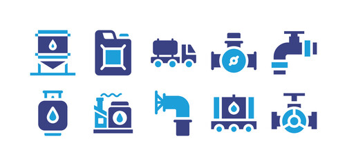 Oil and gas industry  icon set. Duotone color. Vector illustration. Containing storage tank, jerrycan, oil truck, valve, pipe, gas cylinder, oil factory, oil tank, gas pipe.