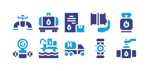 Fototapeta na wymiar Oil and gas industry icon set. Duotone color. Vector illustration. Containing pipe, gasoline, logistics, barrel, gas tank, natural gas, oil platform, oil truck, valve.