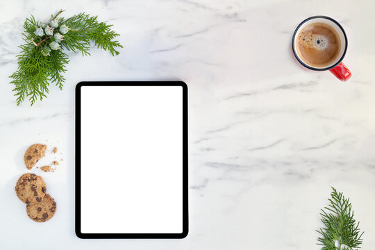 Flat Lay New Year Spirit Notepad With Pencil, Cup Of Coffee And Cookies On Marble Table Background.