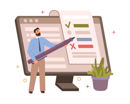 Online test or survey, isolated man with pencil answering question and choosing option. Selecting correct variant, examination. Flat cartoon character vector